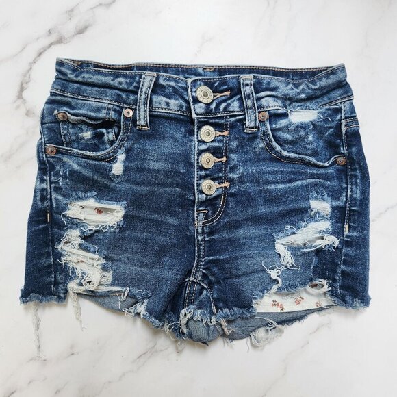 American Eagle Hi-Rise Shortie Next Level Stretch Button Fly Jean Shorts Size 0 - Picture 1 of 6